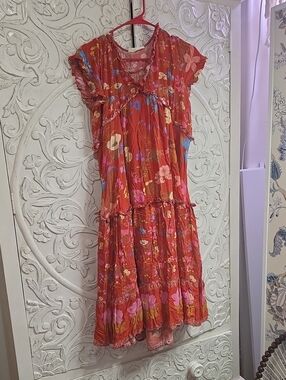 XS Spell Coral Floral Tiered Dress